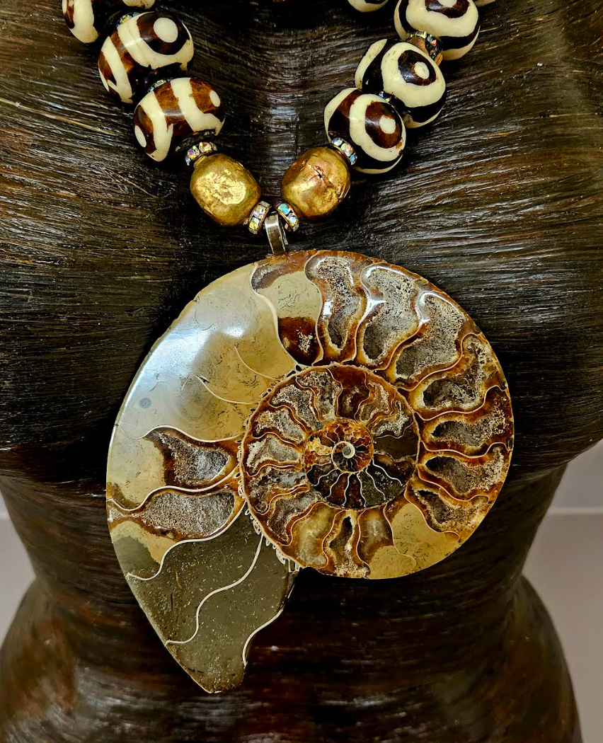 Ammonite Zebu Batik Bone & Wood Unisex Chest Piece -OOAK Wearable Art