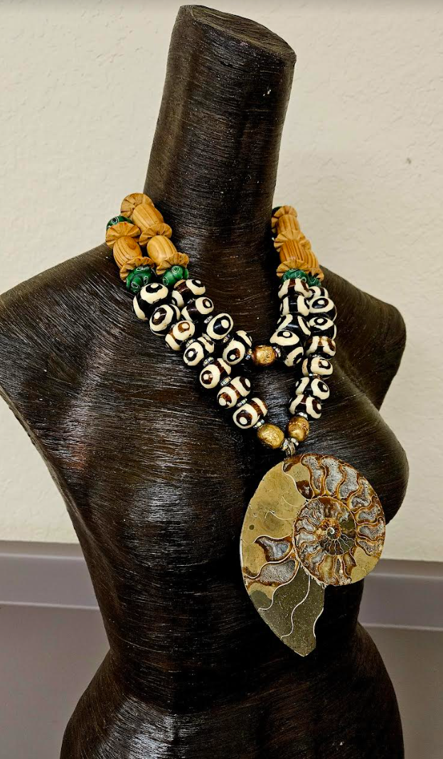 Ammonite Zebu Batik Bone & Wood Unisex Chest Piece -OOAK Wearable Art