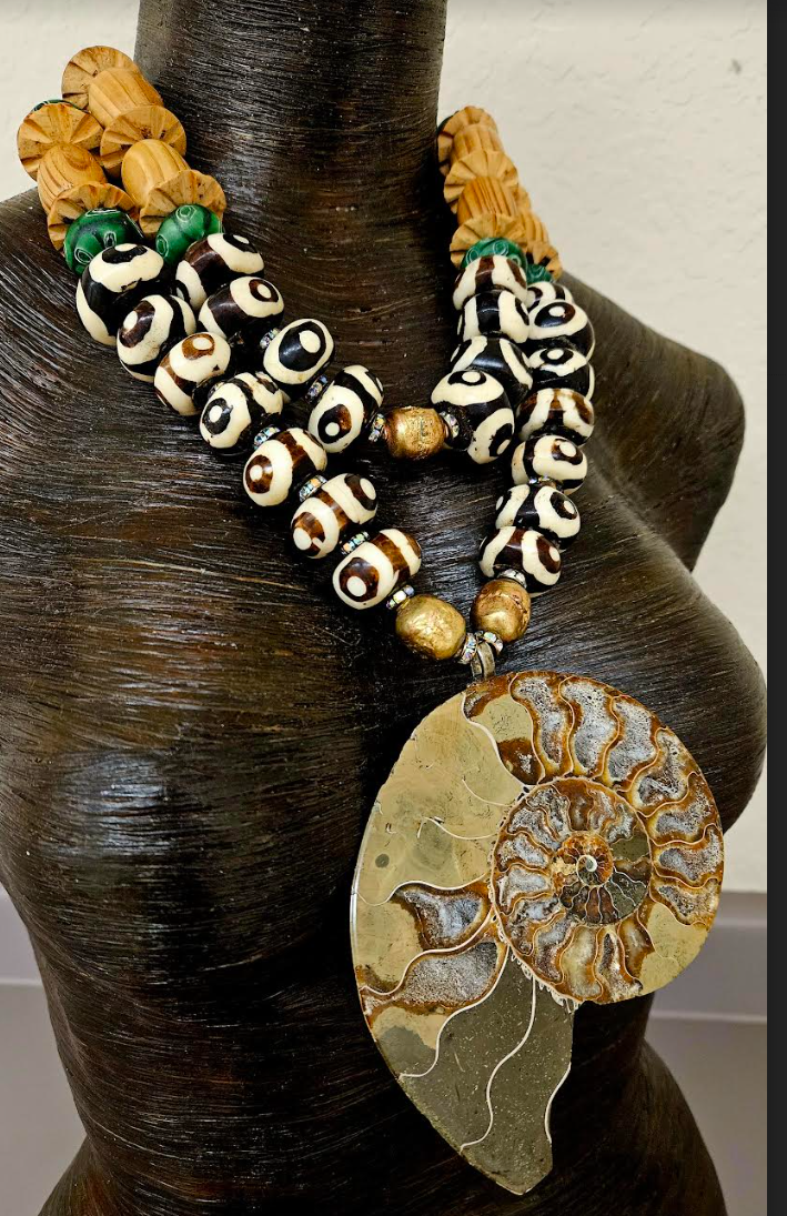 Ammonite Zebu Batik Bone & Wood Unisex Chest Piece -OOAK Wearable Art