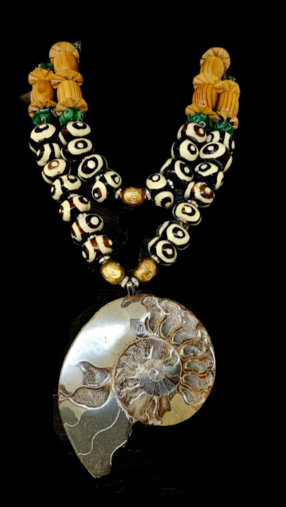 Ammonite Zebu Batik Bone & Wood Unisex Chest Piece -OOAK Wearable Art