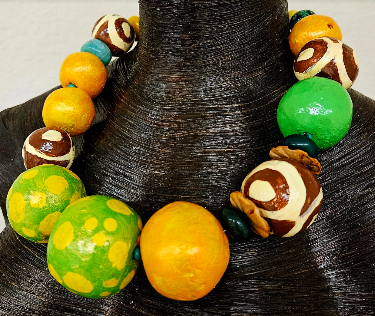 Huge Sculpted Beaded Statement Luxury Necklace - Green Orange & Brown