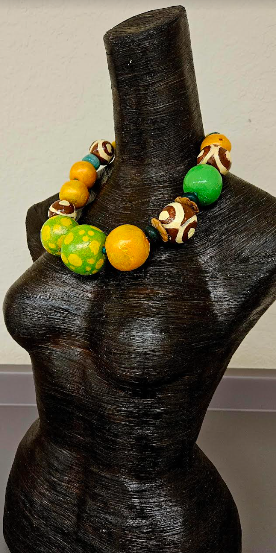 Huge Sculpted Beaded Statement Luxury Necklace - Green Orange & Brown