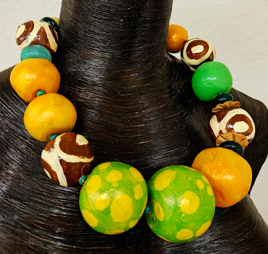Huge Sculpted Beaded Statement Luxury Necklace - Green Orange & Brown