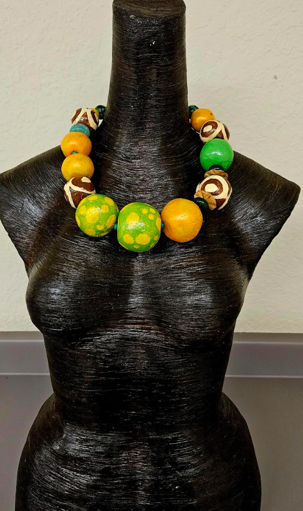 Huge Sculpted Beaded Statement Luxury Necklace - Green Orange & Brown