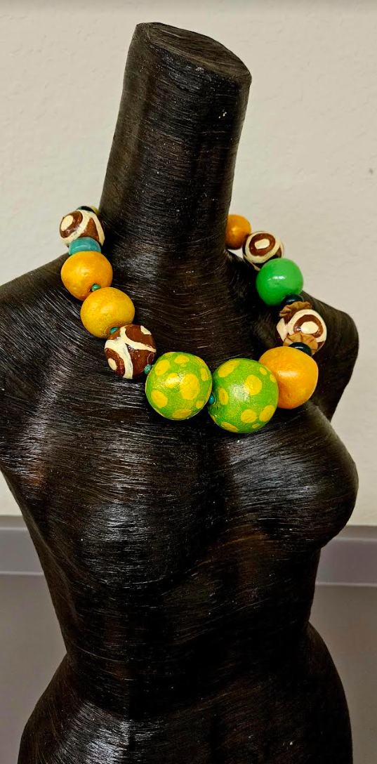 Huge Sculpted Beaded Statement Luxury Necklace - Green Orange & Brown