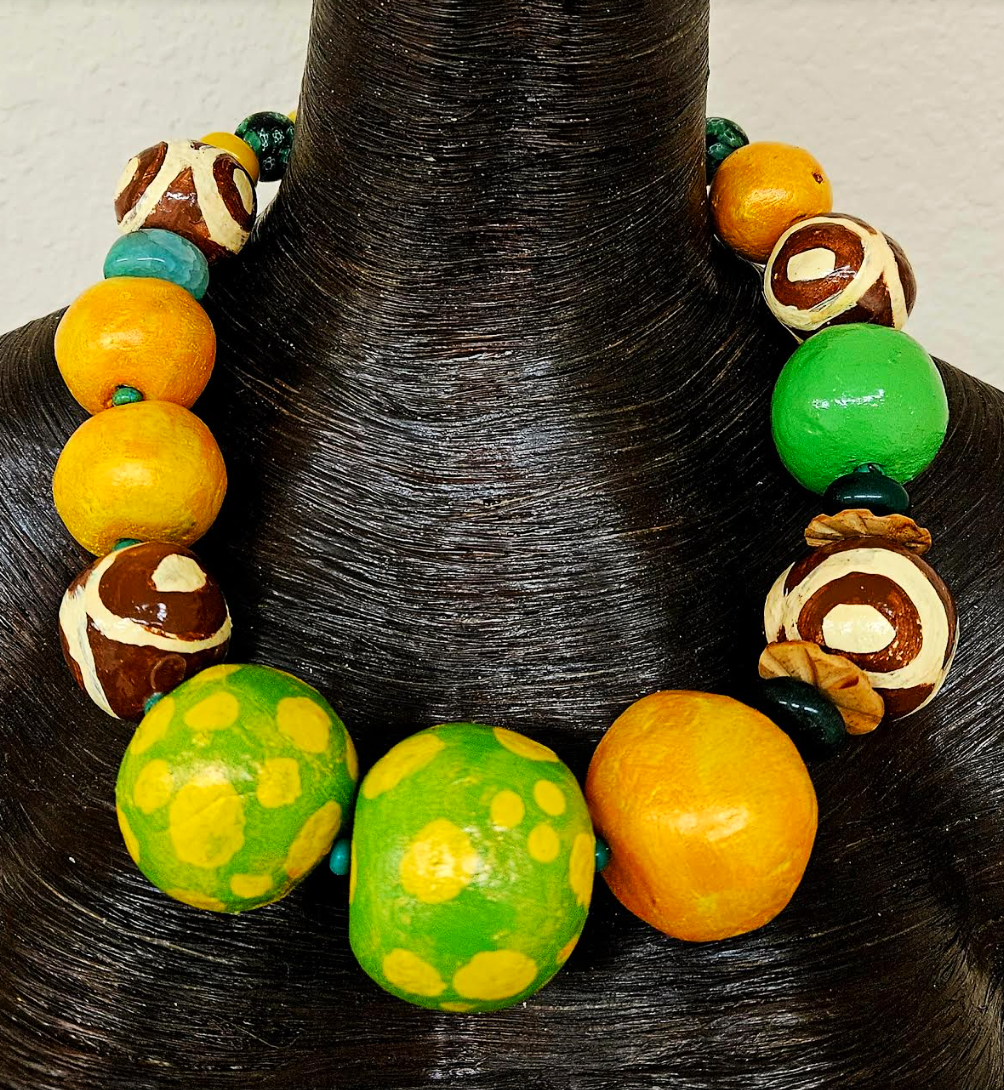 Huge Sculpted Beaded Statement Luxury Necklace - Green Orange & Brown