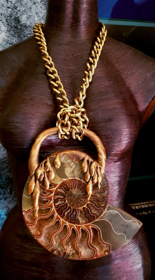 Sculpted Ammonite Fossil Pendant - Bold Chest Piece for Men