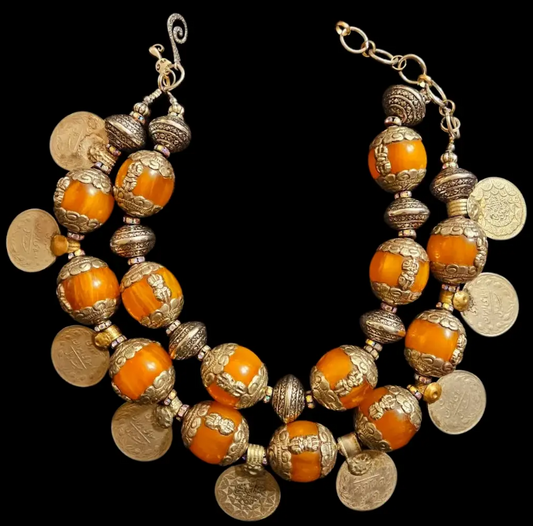 Capped Tibetan Resin Ornate Tribal Beaded Statement Necklace - Luxury