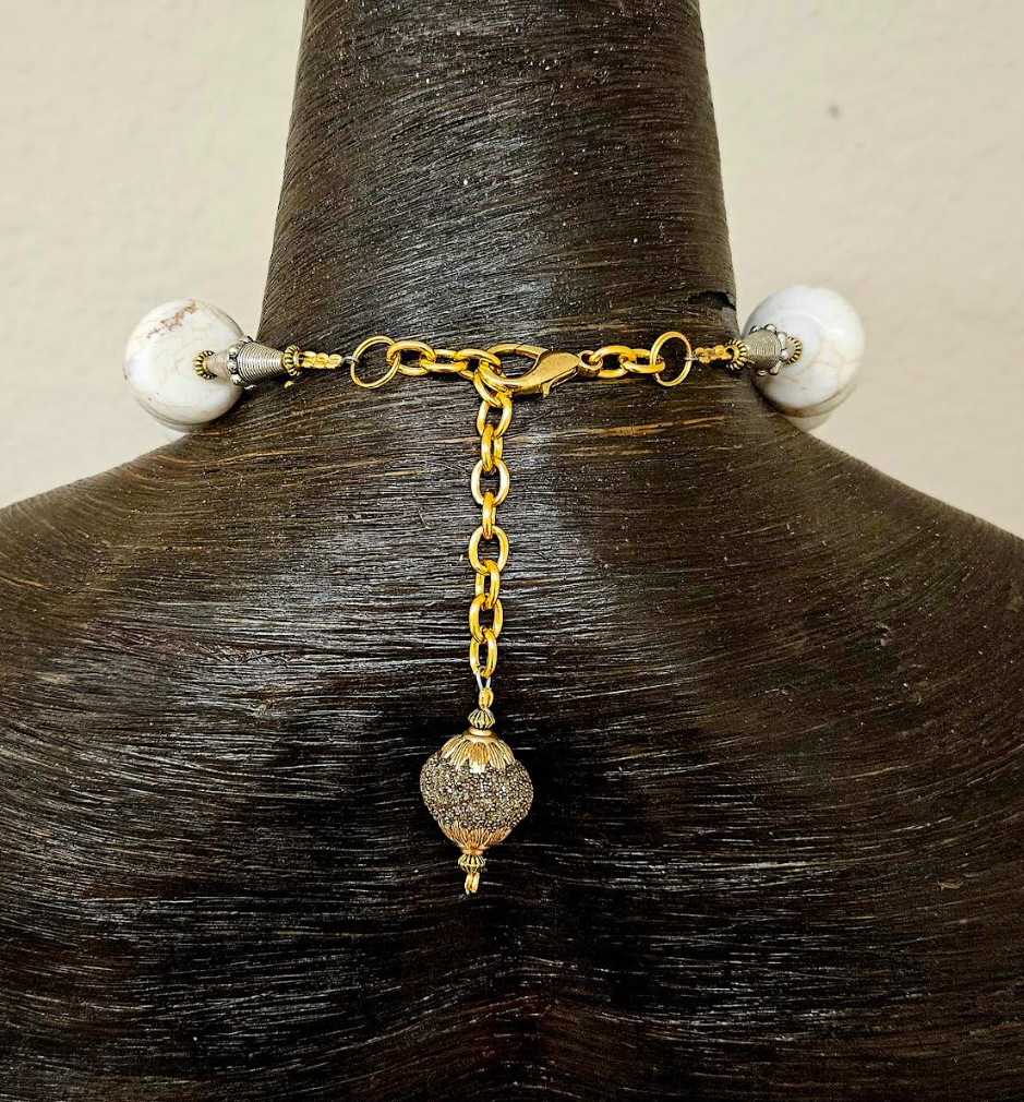 Exotic Jeweled Shell Pendant - Bold White Magnesite Rondelle Necklace