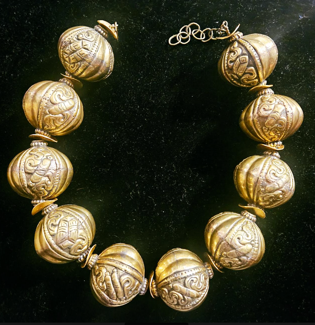 Huge Tibetan Brass Repousse Beaded Tribal Statement Choker - Luxury
