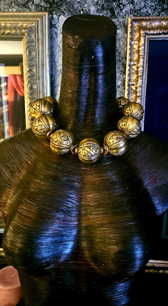 Huge Tibetan Brass Repousse Beaded Tribal Statement Choker - Luxury