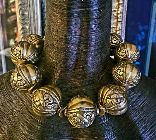 Huge Tibetan Brass Repousse Beaded Tribal Statement Choker - Luxury