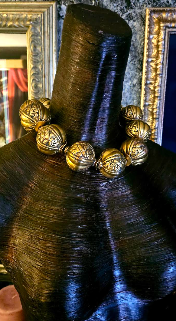 Huge Tibetan Brass Repousse Beaded Tribal Statement Choker - Luxury