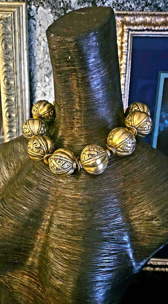 Huge Tibetan Brass Repousse Beaded Tribal Statement Choker - Luxury