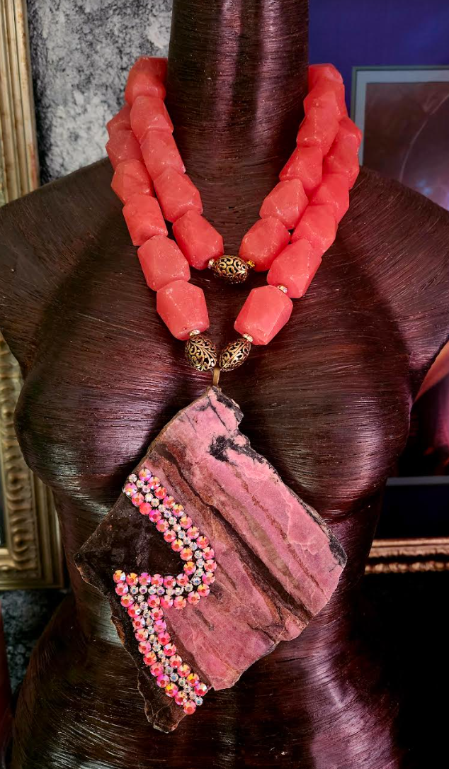 Rhodonite Slab Statement Pendant - Oversized Salmon Quartz Necklace