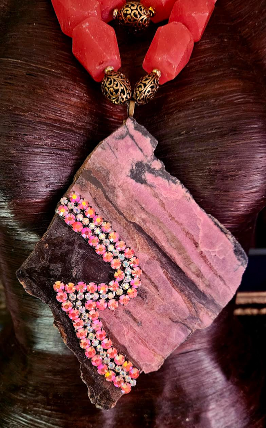 Rhodonite Slab Statement Gemstone Pendant with Bold Oversized Strawber