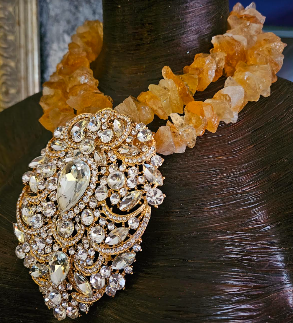 Raw & Rough Citrine Choker With Massive Rhinestone Gemstone Pendant, S