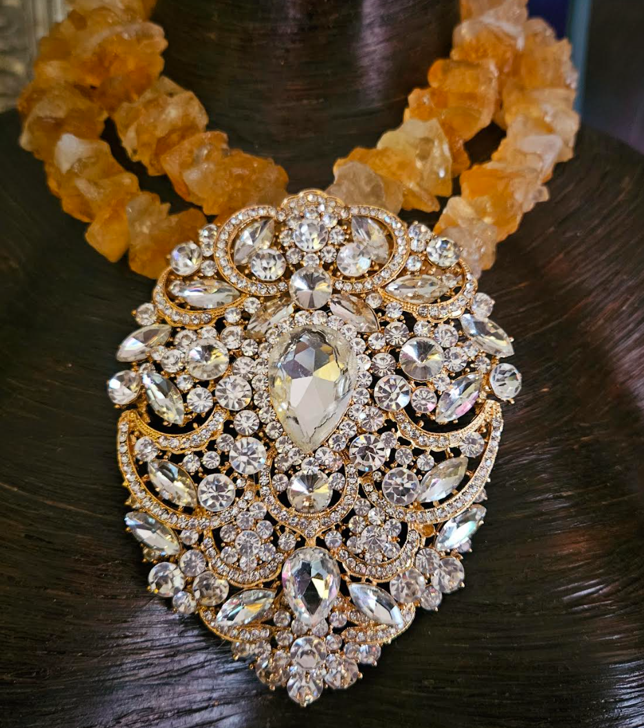 Raw & Rough Citrine Choker With Massive Rhinestone Gemstone Pendant, S