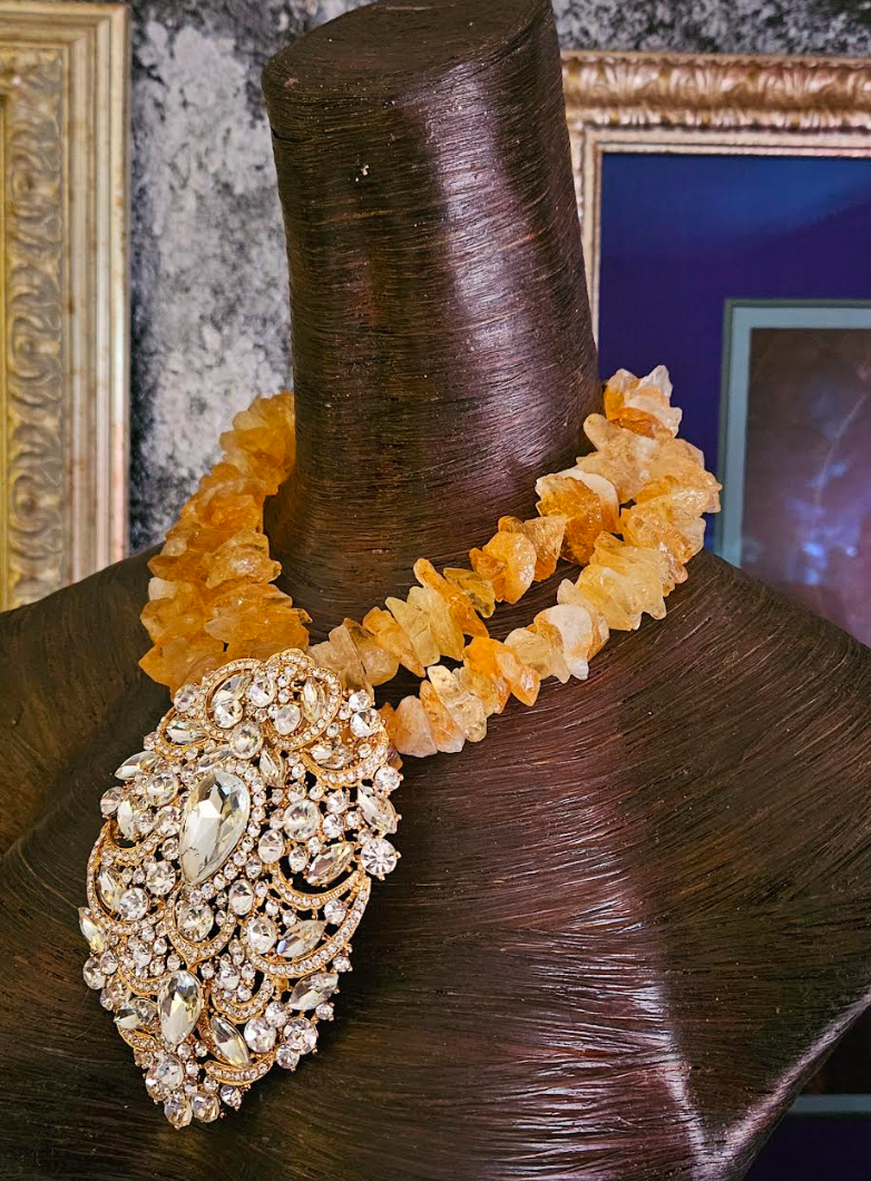 Raw & Rough Citrine Choker With Massive Rhinestone Gemstone Pendant, S