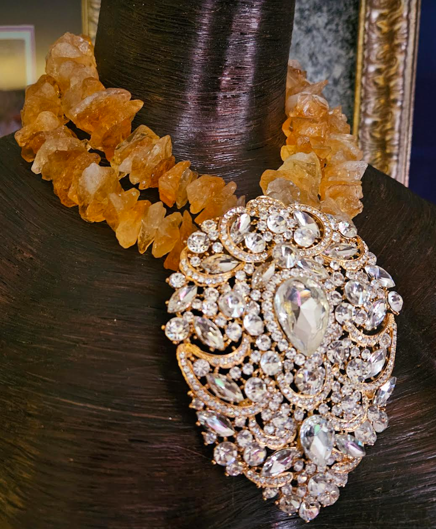 Raw & Rough Citrine Choker With Massive Rhinestone Gemstone Pendant, S