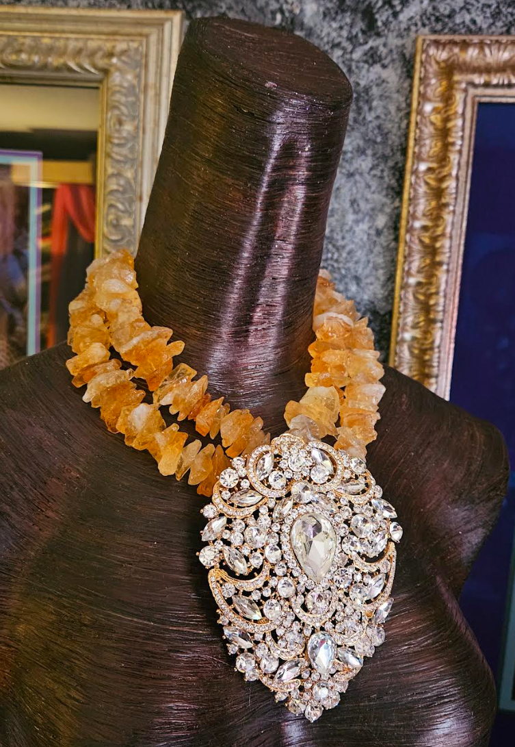 Raw & Rough Citrine Choker With Massive Rhinestone Gemstone Pendant, S