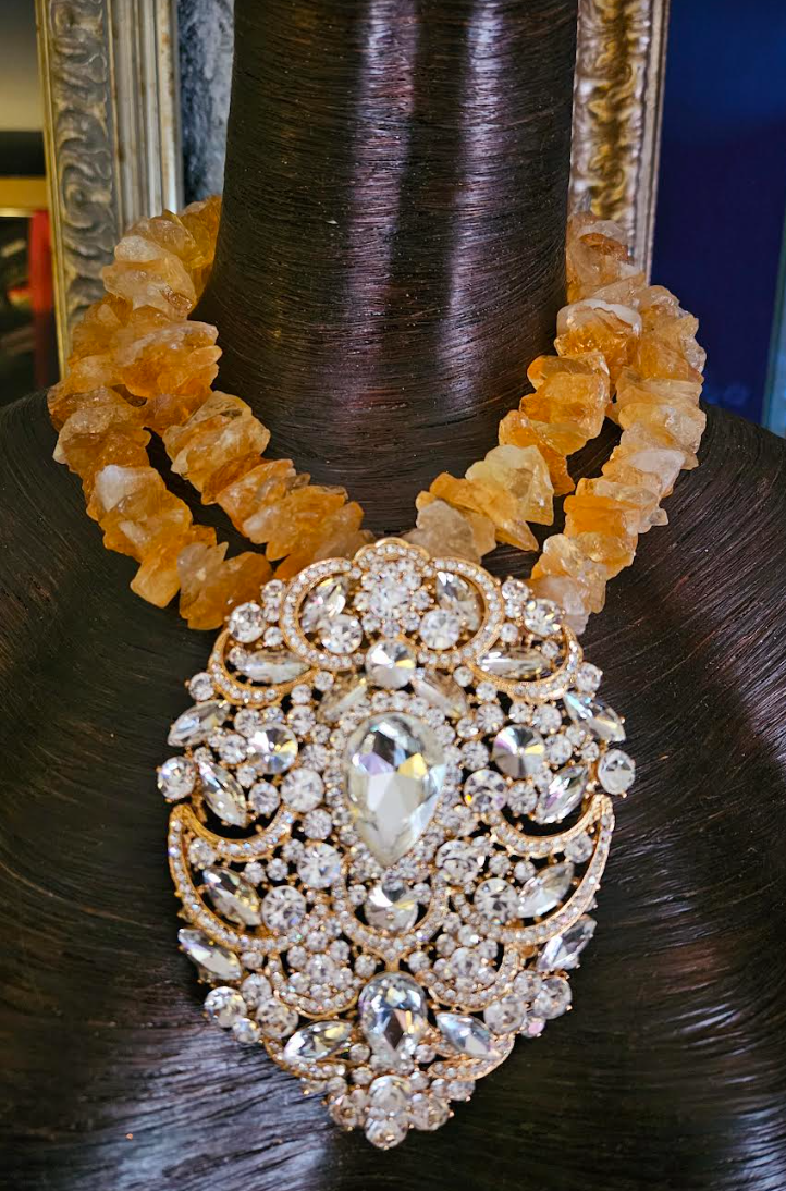 Raw & Rough Citrine Choker With Massive Rhinestone Gemstone Pendant, S