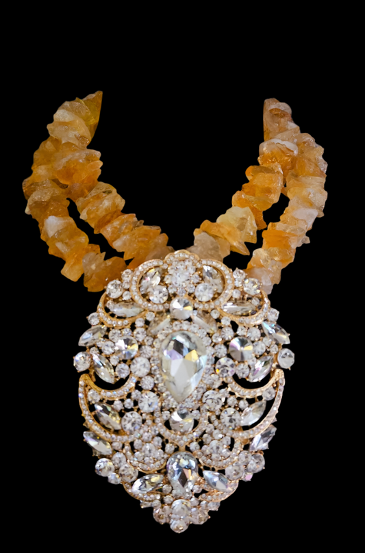 Raw Citrine & Rhinestone Pendant - Opulent Showstopper