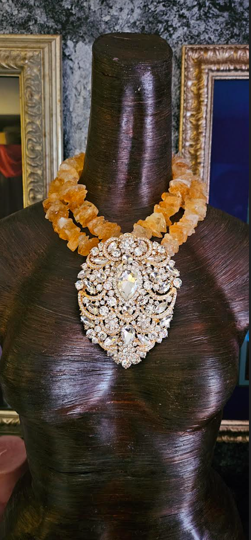 Raw & Rough Citrine Choker With Massive Rhinestone Gemstone Pendant, S