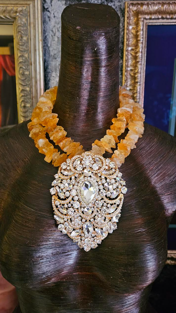 Raw & Rough Citrine Choker With Massive Rhinestone Gemstone Pendant, S