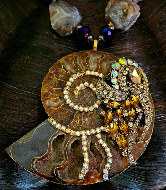 Topaz Rhinestone Ammonite Gemstone Pendant With Rough Agate Luxury Nec