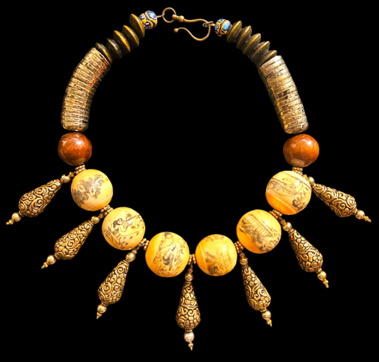 Earthy Erotic Kama Sutra Faux Scrimshaw Beaded Tribal Luxury Necklace