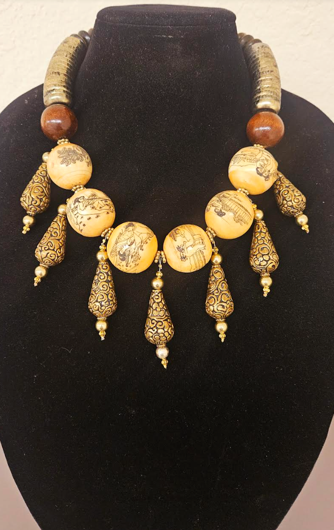 Earthy Erotic Kama Sutra Faux Scrimshaw Beaded Tribal Luxury Necklace