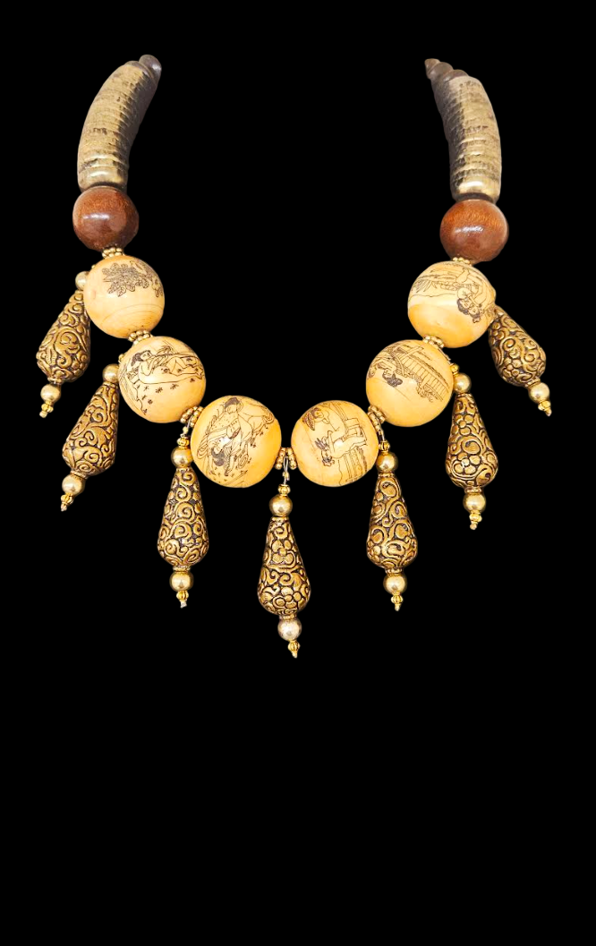 Earthy Erotic Kama Sutra Faux Scrimshaw Beaded Tribal Luxury Necklace