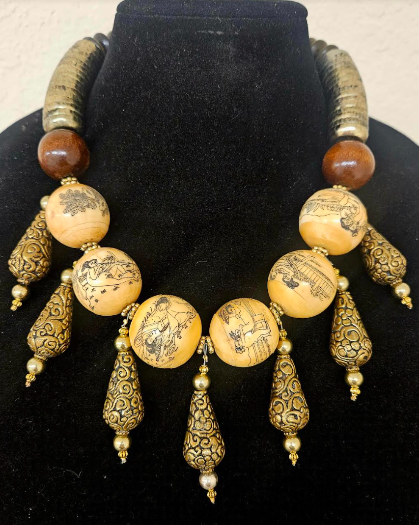 Earthy Erotic Kama Sutra Faux Scrimshaw Beaded Tribal Luxury Necklace