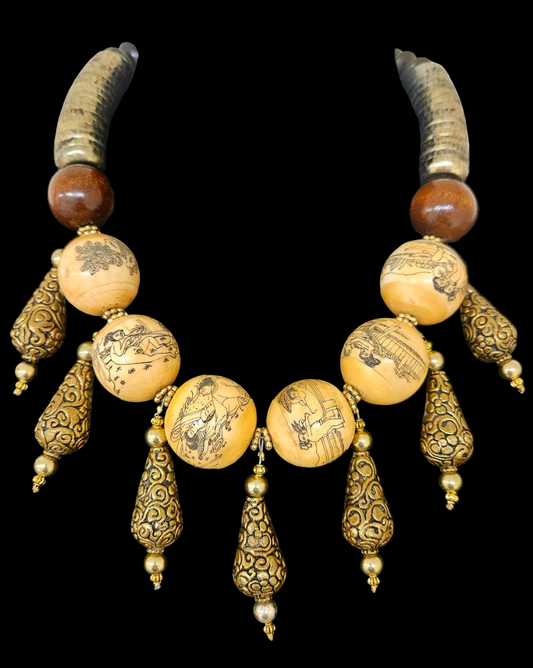 Earthy Erotic Kama Sutra Faux Scrimshaw Beaded Tribal Luxury Necklace