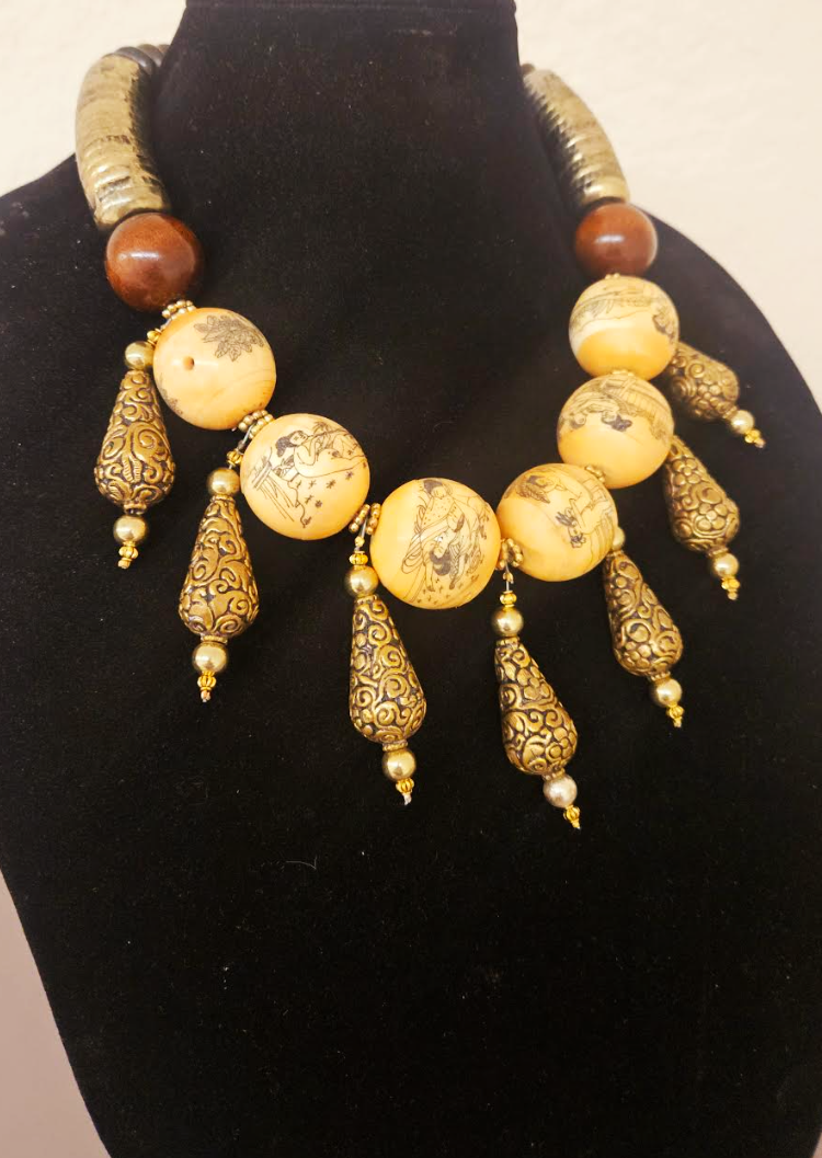 Earthy Erotic Kama Sutra Faux Scrimshaw Beaded Tribal Luxury Necklace