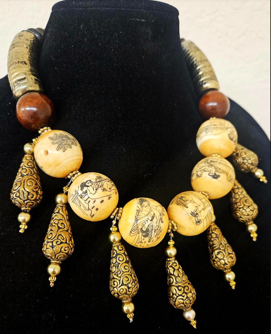 Earthy Erotic Kama Sutra Faux Scrimshaw Beaded Tribal Luxury Necklace