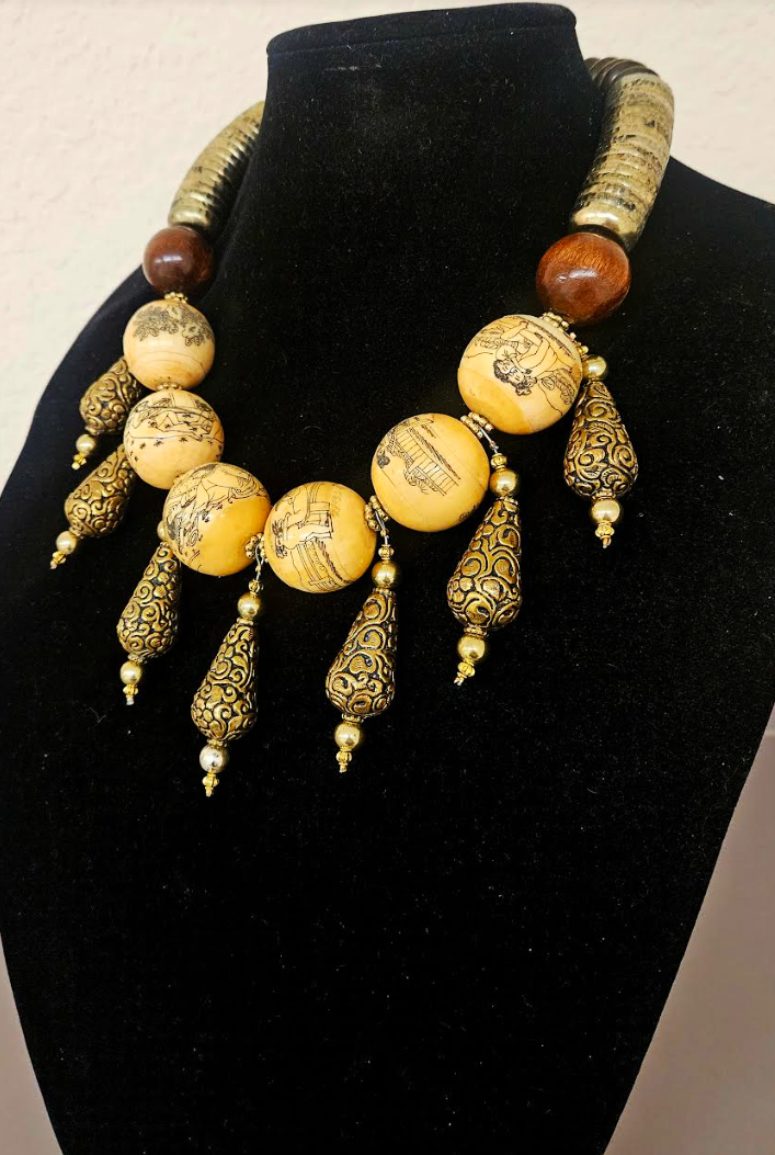 Earthy Erotic Kama Sutra Faux Scrimshaw Beaded Tribal Luxury Necklace