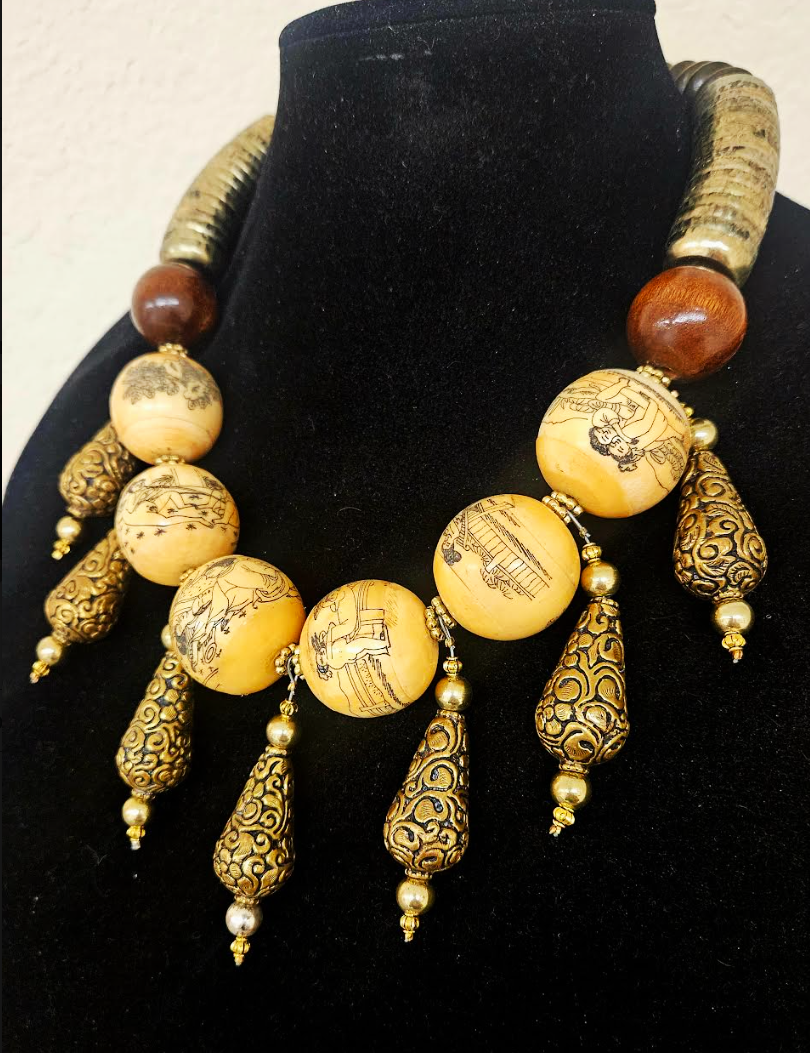 Earthy Erotic Kama Sutra Faux Scrimshaw Beaded Tribal Luxury Necklace
