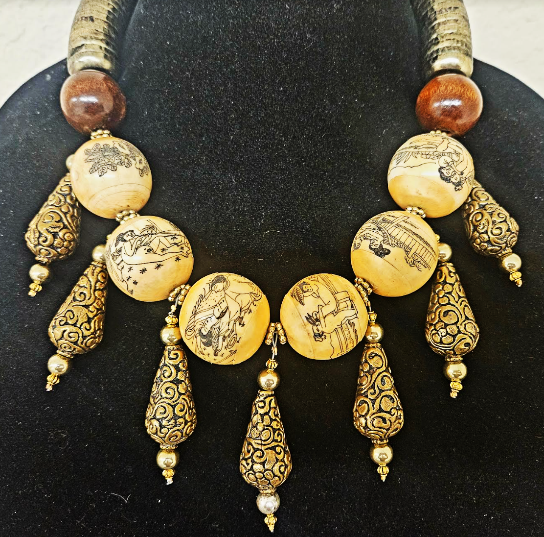 Earthy Erotic Kama Sutra Faux Scrimshaw Beaded Tribal Luxury Necklace
