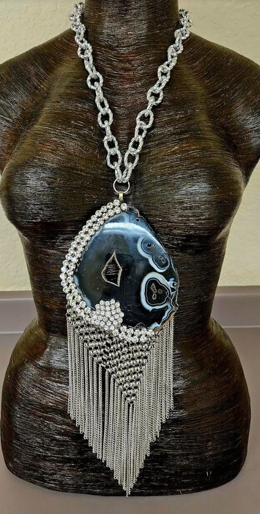 Black & White Agate Rhinestone Oversized Statement Pendant - Chainmail