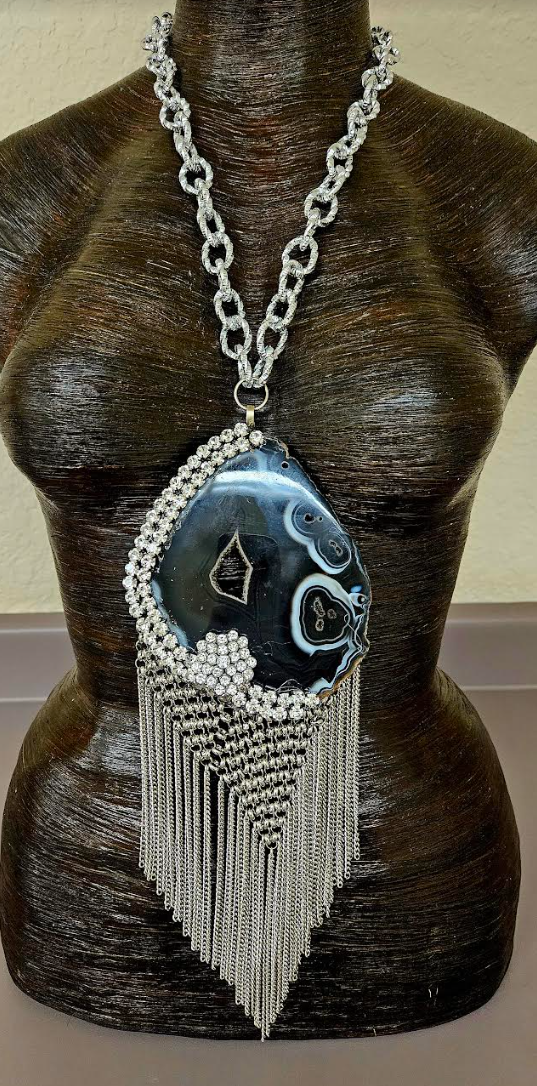 Black & White Druzy Agate Rhinestone Chainmail Oversized Statement