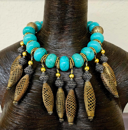 Bold Dramatic Magnesite Rondelle & Lost Wax Brass Dangle Statement