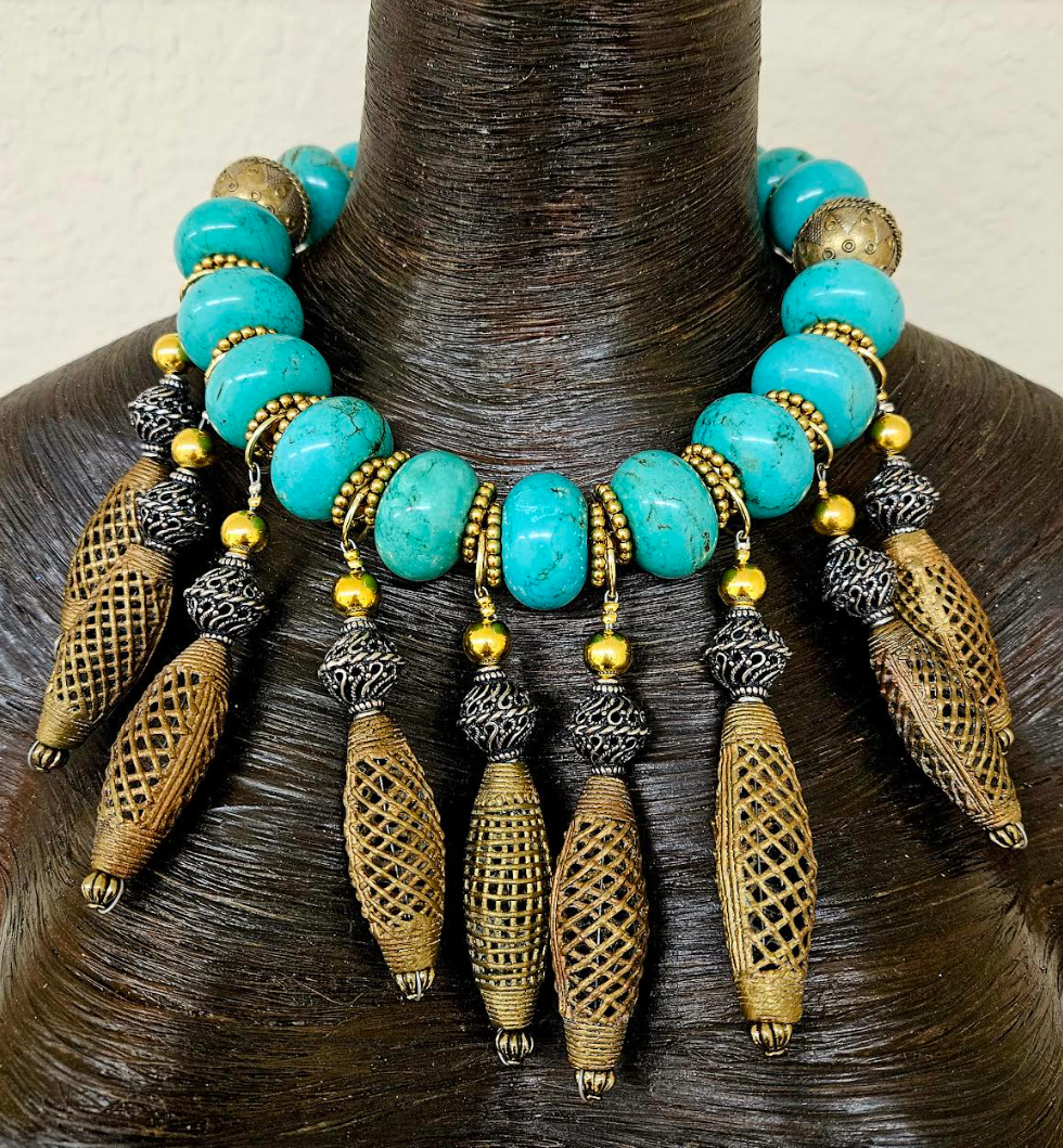 Tribal Magnesite Rondelle & Lost Wax Brass Dangle Statement - Bold