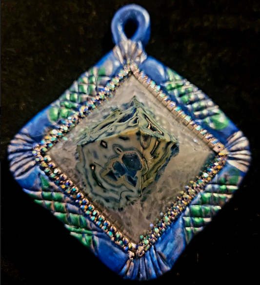 Blue Druzy Agate Sculpted Pyramid Statement Gemstone Pendant, Unisex B