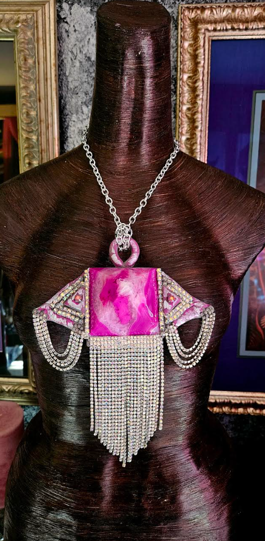 Fuchsia Agate Pyramid & Rhinestone Fringe - Art Deco Gemstone Pendant
