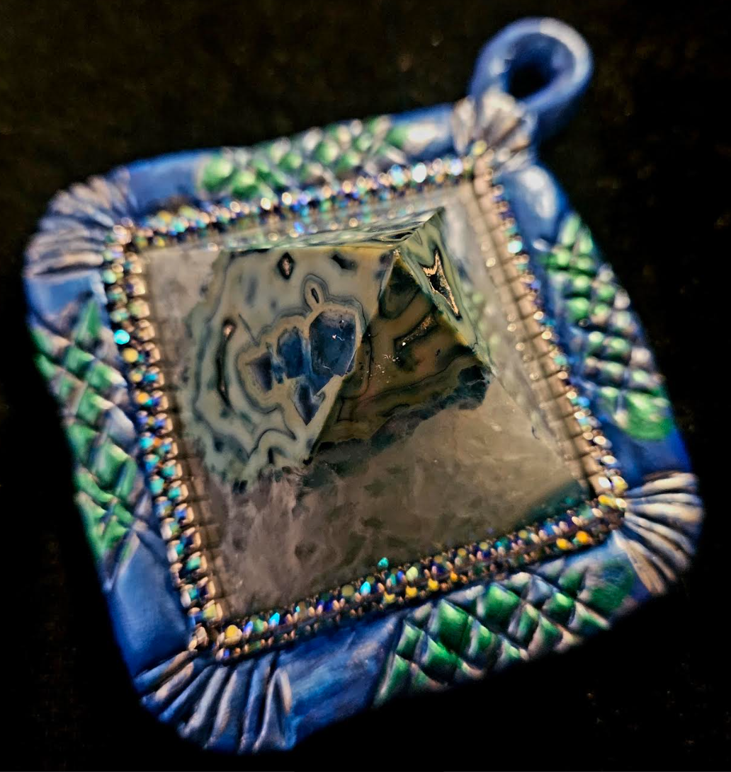 Blue Druzy Agate Sculpted Pyramid Statement Gemstone Pendant, Unisex B