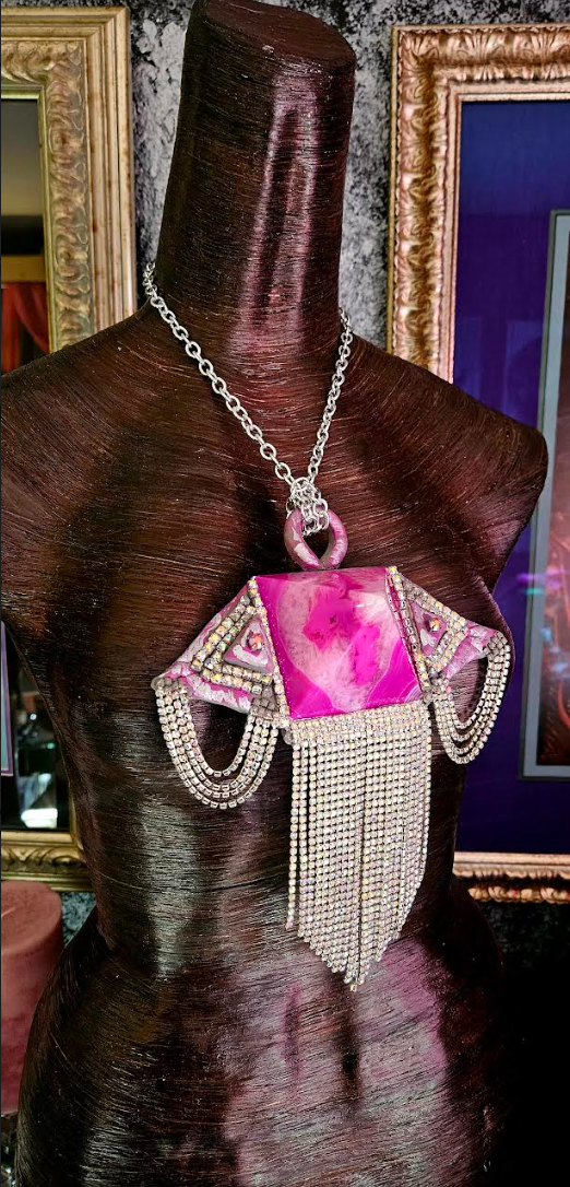 Fuchsia Agate Pyramid & Rhinestone Fringe Art Deco Gemstone Pendant