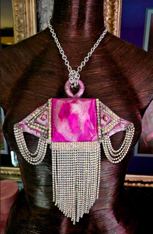 Fuchsia Agate Pyramid & Rhinestone Fringe Art Deco Gemstone Pendant