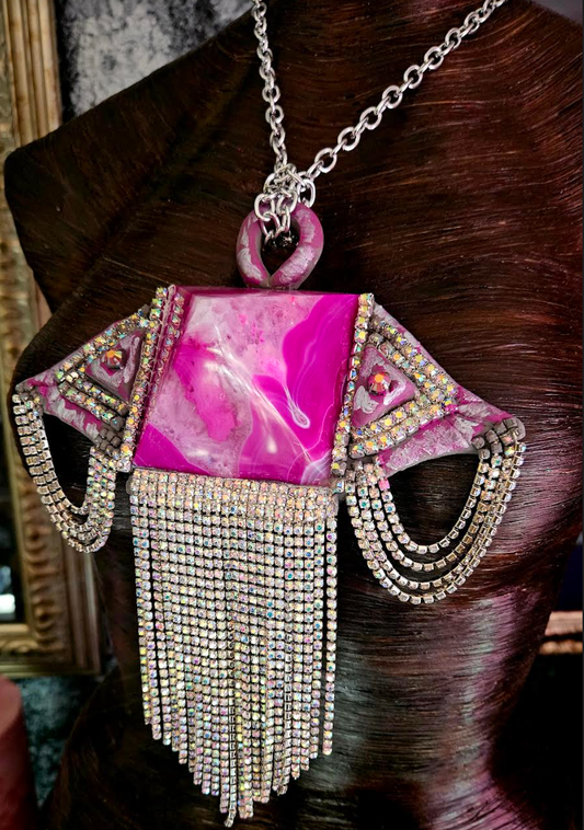 Fuchsia Agate Pyramid & Rhinestone Fringe - Art Deco Gemstone Pendant
